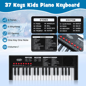 37 Keys Kids Piano Keyboard with 8 Rhythms and Microphone-Black