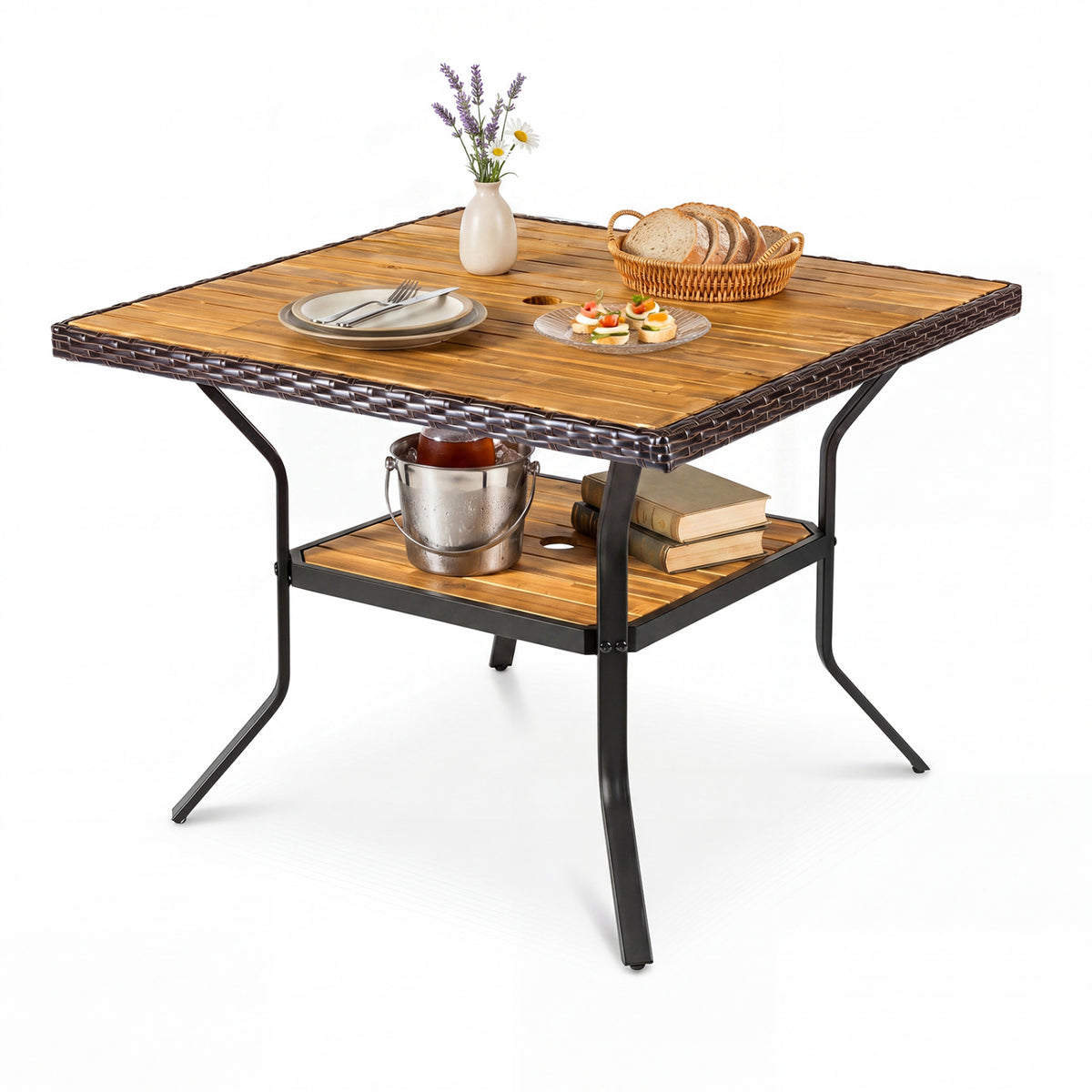 37" Square Outdoor Dining Table for 4 with Acacia Wood Tabletop and 2" Umbrella Hole-Brown