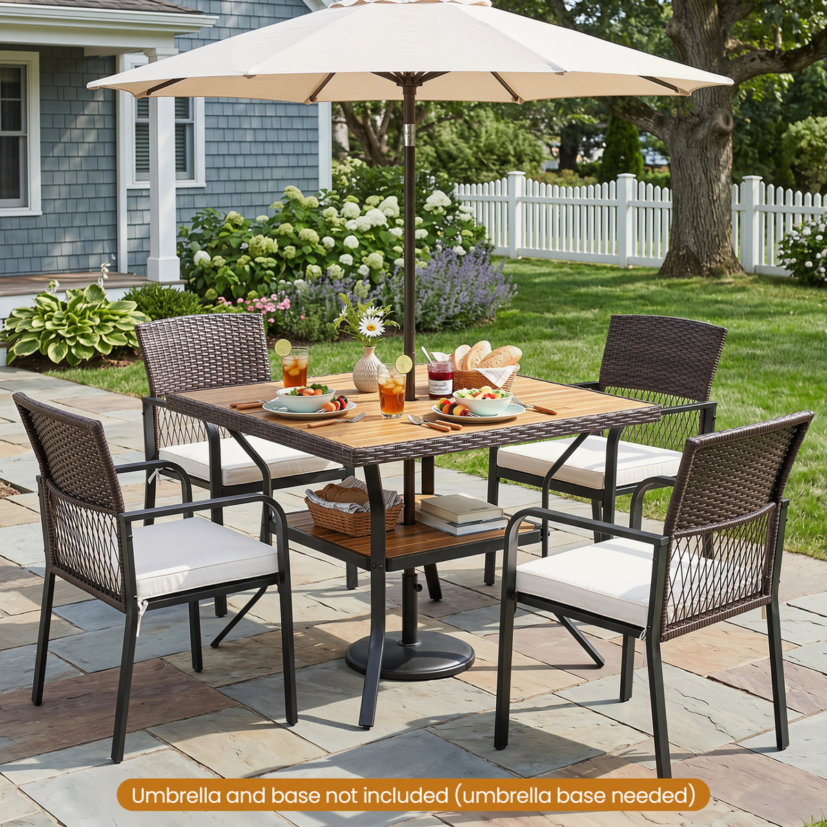 37" Square Outdoor Dining Table for 4 with Acacia Wood Tabletop and 2" Umbrella Hole-Brown