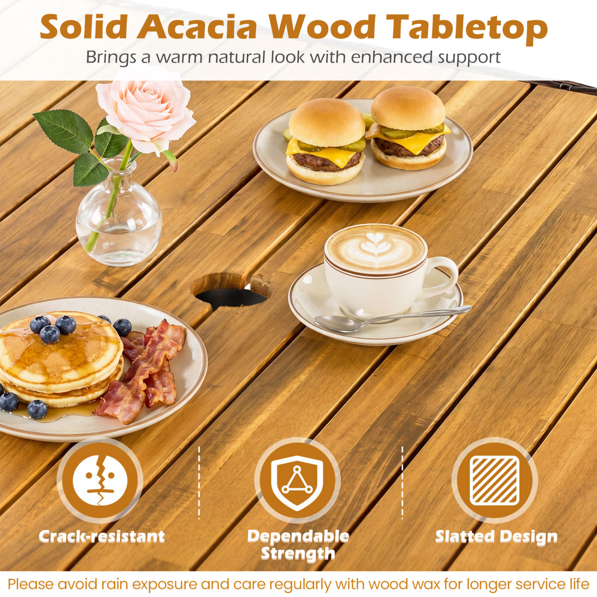 37" Square Outdoor Dining Table for 4 with Acacia Wood Tabletop and 2" Umbrella Hole-Brown
