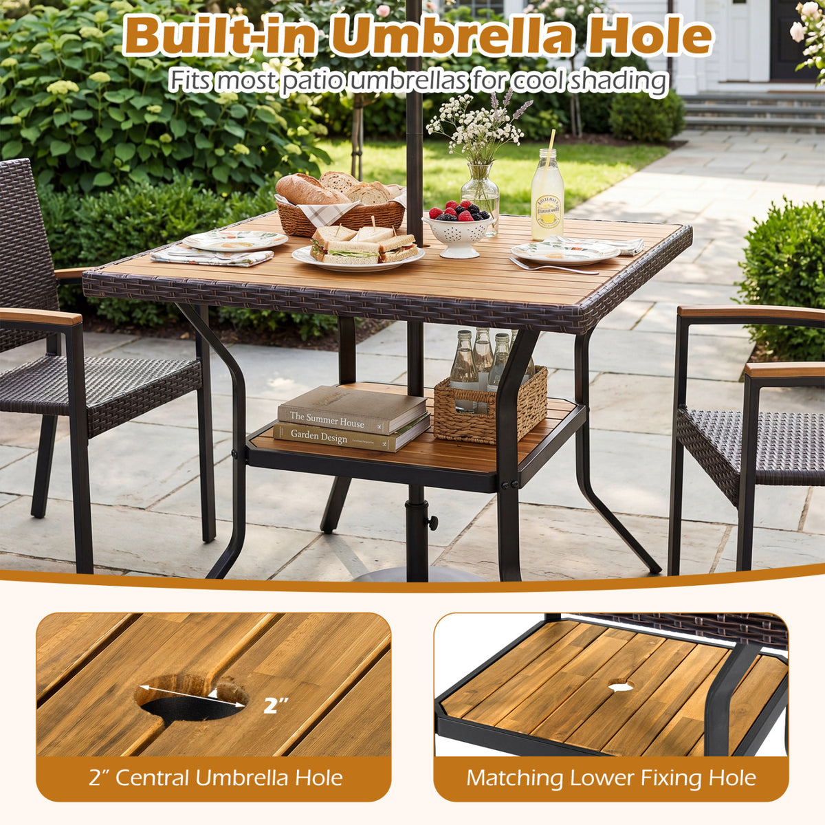 37" Square Outdoor Dining Table for 4 with Acacia Wood Tabletop and 2" Umbrella Hole-Brown