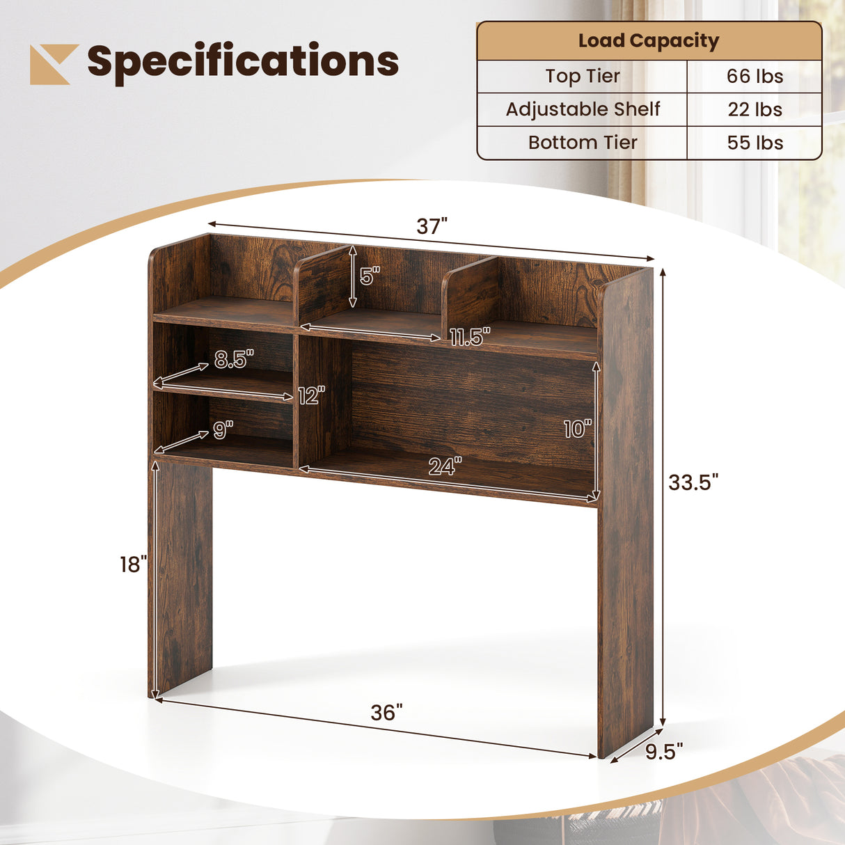 Desktop Bookshelf Countertop Storage Hutch with 6 Shelves-Rustic Brown
