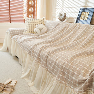 Grid Textured Sofa Cover with Sheer Ruffle Skirt, Pet-Friendly Sofa Throw Slipcover