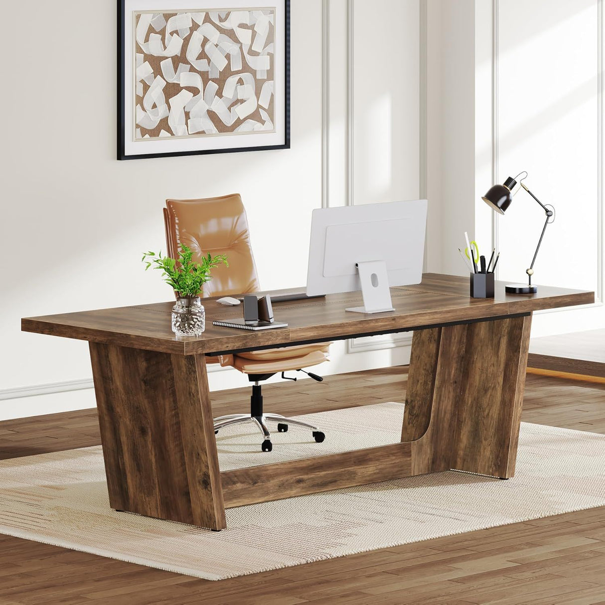 Executive Desk For Home Office, Computer Table With Pedestal, Large Writing Workstation - Brown