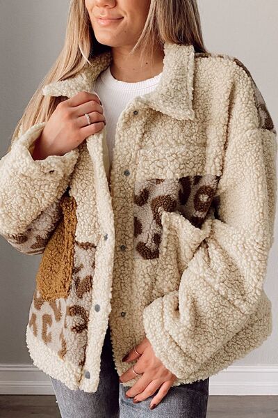 Comfortable Leopard Print Sherpa Jacket with Collared Neck And Functional Pockets Soft Women Jacket