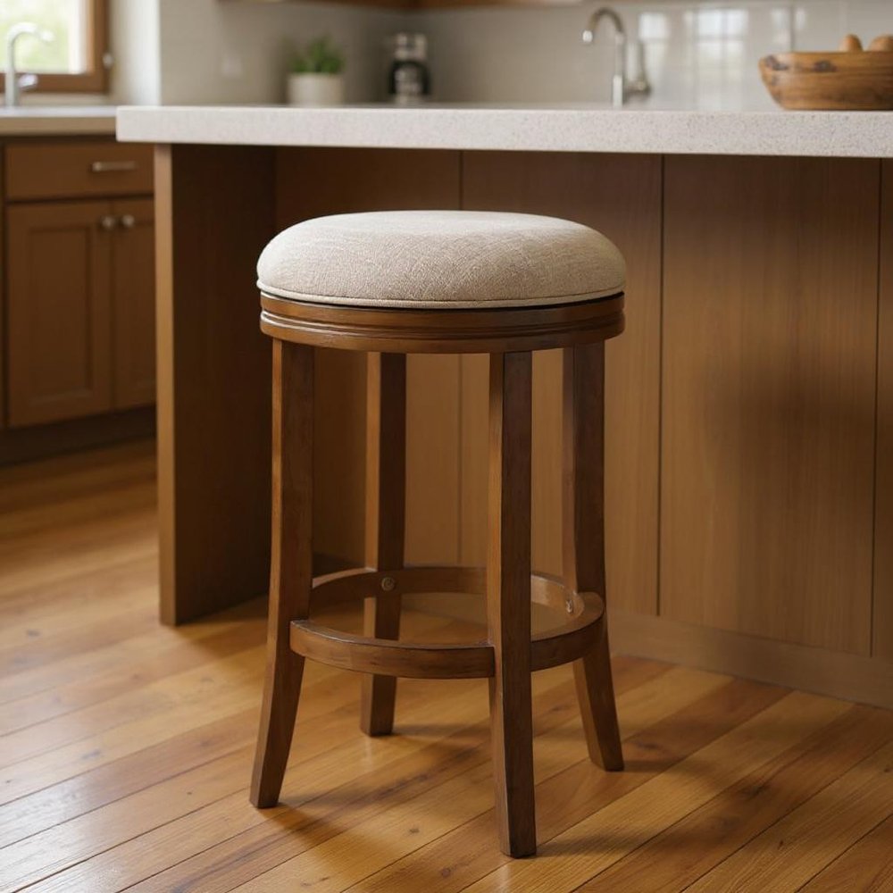 25" Cream and Brown Fabric and Solid Wood Backless Counter Height Swivel Bar Chair