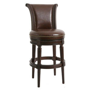 25" Walnut And Dark Brown Faux Leather And Solid Wood Bar Height Swivel Bar Chair