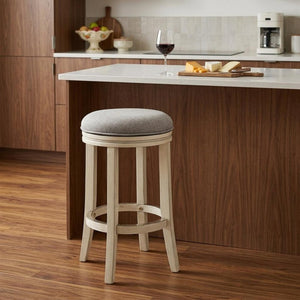 25" Gray and Ivory Fabric and Solid Wood Backless Counter Height Swivel Bar Chair