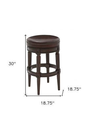 31" Brown Faux Leather and Solid Wood Backless Counter Height Swivel Bar Chair