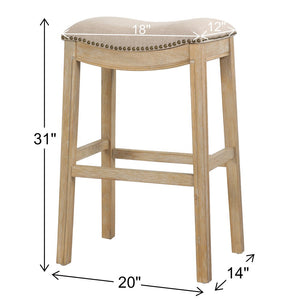 31" Linen and Natural Solid Wood Backless Bar Height Bar Chair