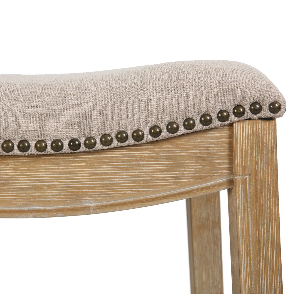 31" Linen and Natural Solid Wood Backless Bar Height Bar Chair