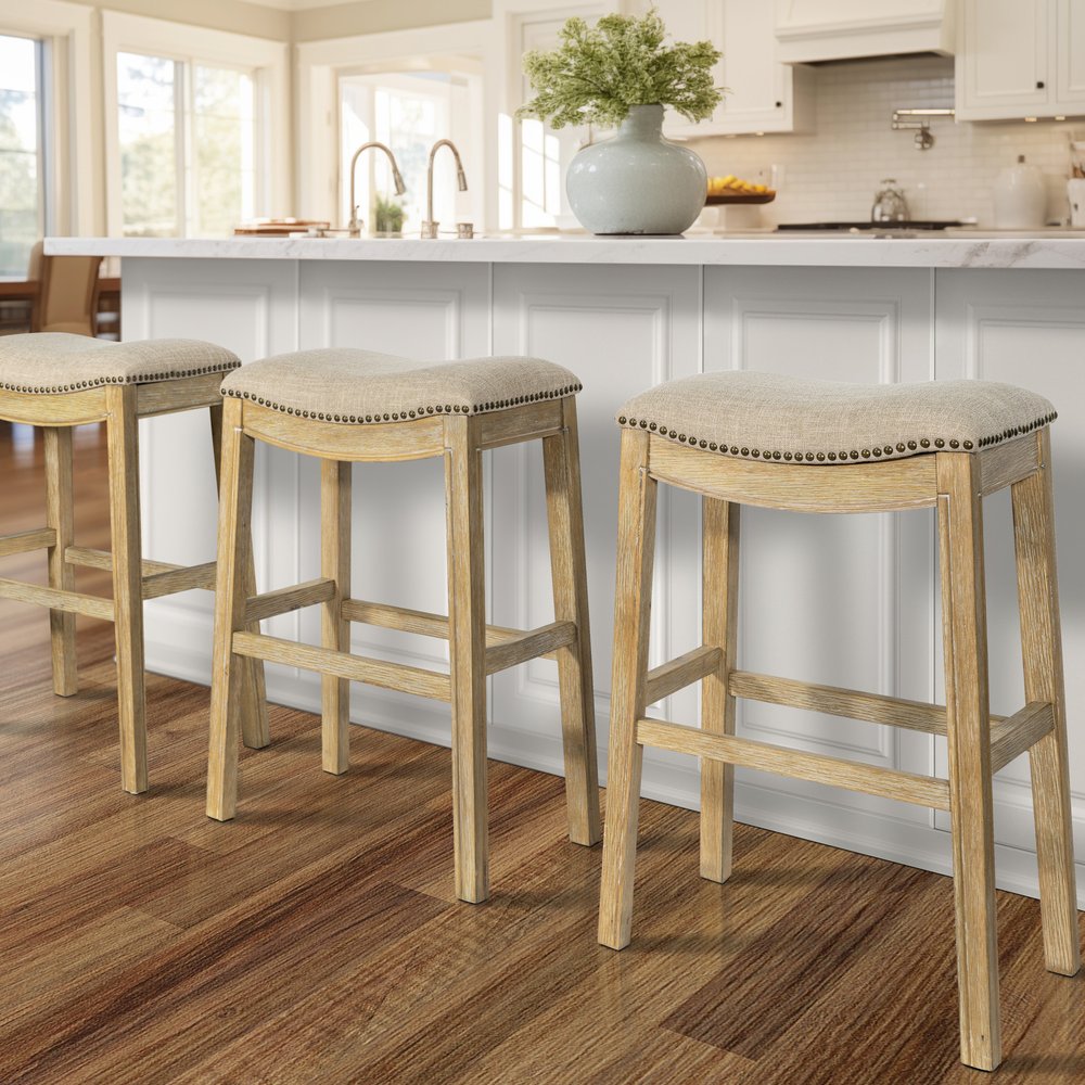 31" Linen and Natural Solid Wood Backless Bar Height Bar Chair