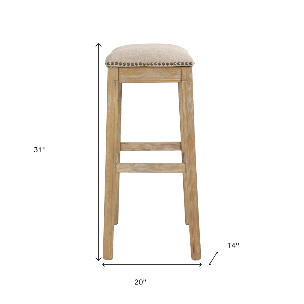 31" Linen and Natural Solid Wood Backless Bar Height Bar Chair