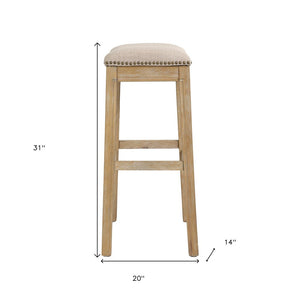 31" Linen and Natural Solid Wood Backless Bar Height Bar Chair