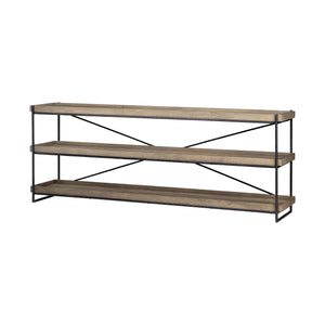 80" Light Brown and Black Solid Wood and Iron Console Table With Two Shelves