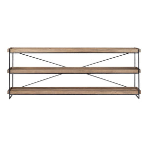 80" Light Brown and Black Solid Wood and Iron Console Table With Two Shelves