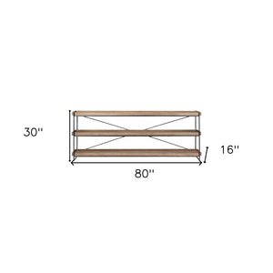 80" Light Brown and Black Solid Wood and Iron Console Table With Two Shelves