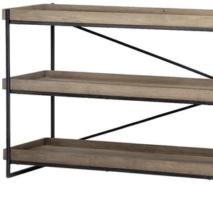 80" Light Brown and Black Solid Wood and Iron Console Table With Two Shelves