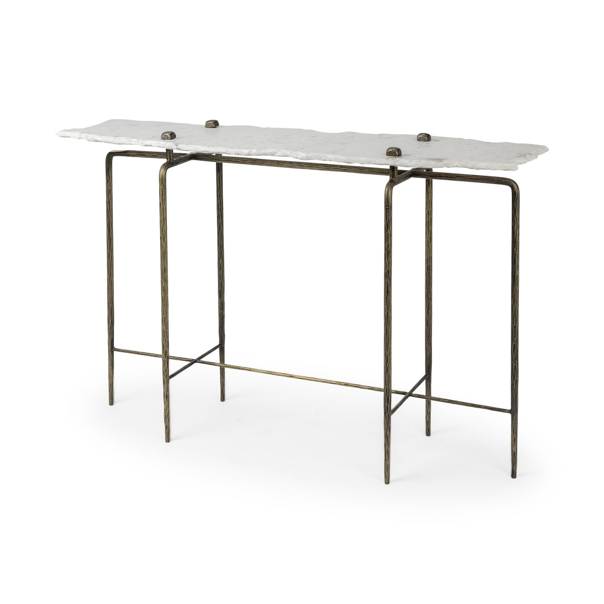 49" White and Brass Genuine Marble and Iron Distressed Six Leg Console Table