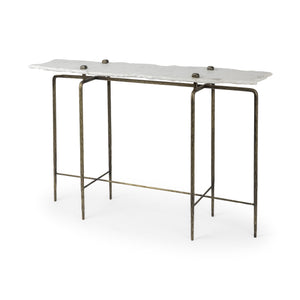 49" White and Brass Genuine Marble and Iron Distressed Six Leg Console Table