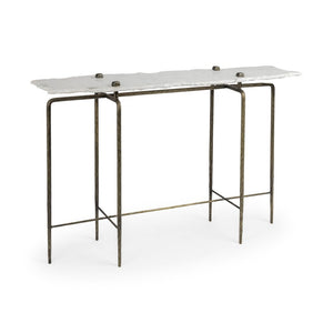 49" White and Brass Genuine Marble and Iron Distressed Six Leg Console Table
