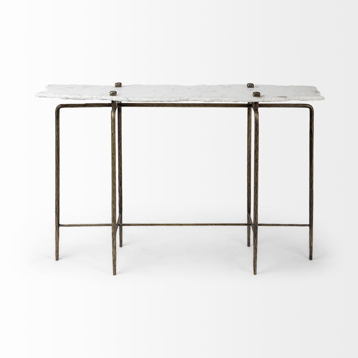 49" White and Brass Genuine Marble and Iron Distressed Six Leg Console Table