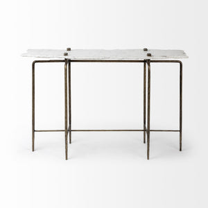 49" White and Brass Genuine Marble and Iron Distressed Six Leg Console Table