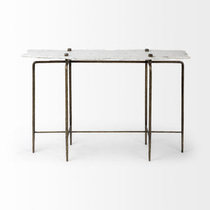 49" White and Brass Genuine Marble and Iron Distressed Six Leg Console Table