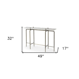 49" White and Brass Genuine Marble and Iron Distressed Six Leg Console Table