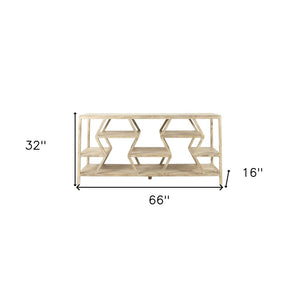 66" Light Brown Solid Wood Console Table Geometric Shelves