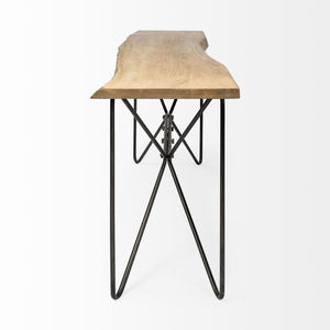 66" Natural and Black Solid Wood and Iron Abstract Base Console Table