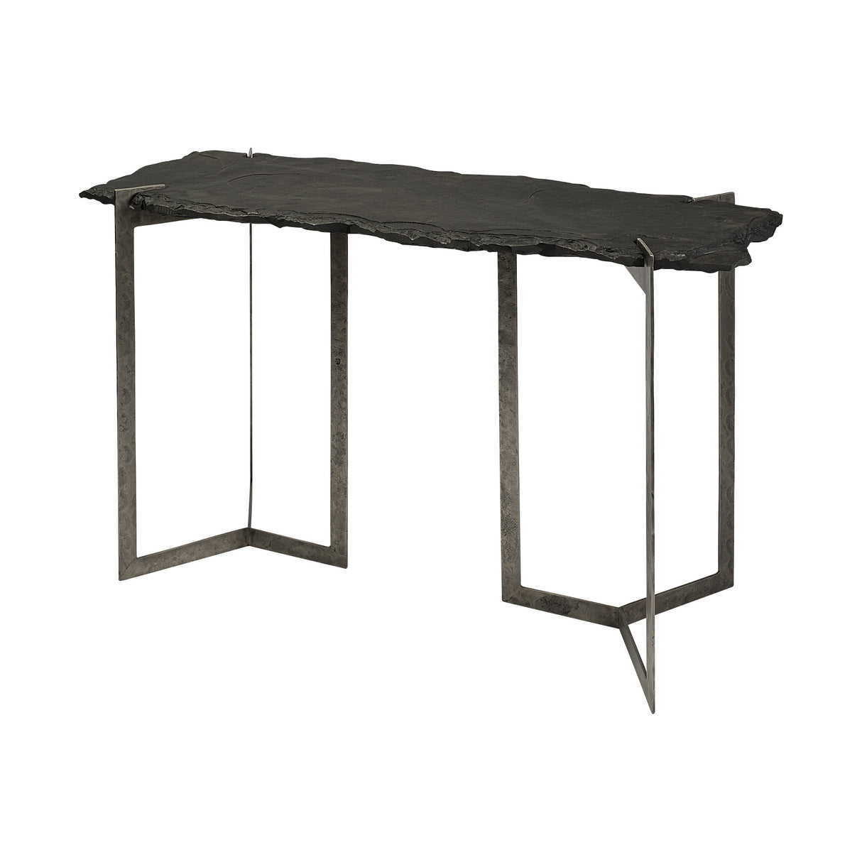 50" Black and Nickel Slate and Iron Distressed Double Pedestal Console Table