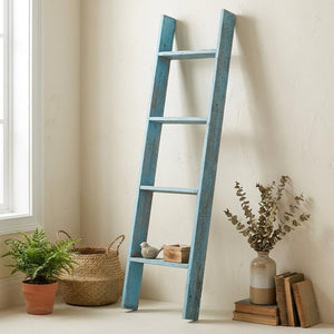 57" Turquoise Distressed Solid Wood Five Step Ladder Shelf