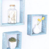 Set Of 3 Square Robins Egg Blue Reclaimed Wood Open Box Shelve