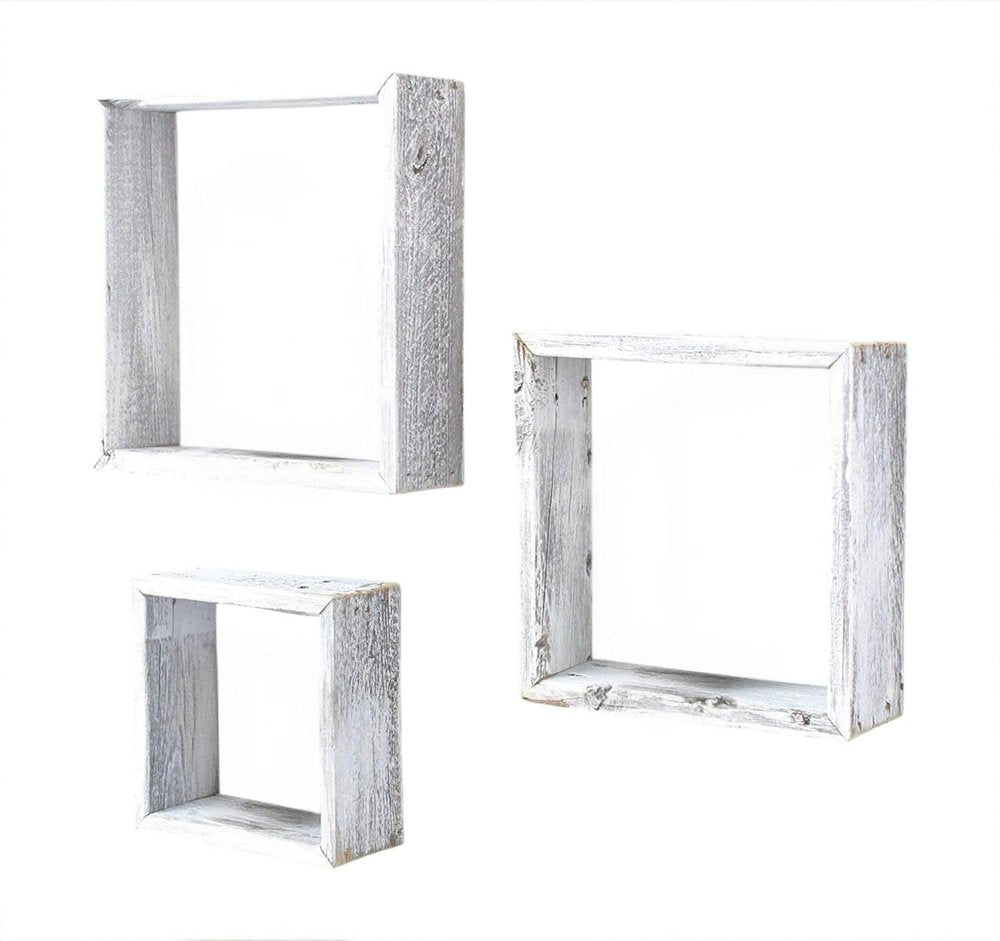 Set Of 3 Square Rustic White Wash Wood Open Box Shelve