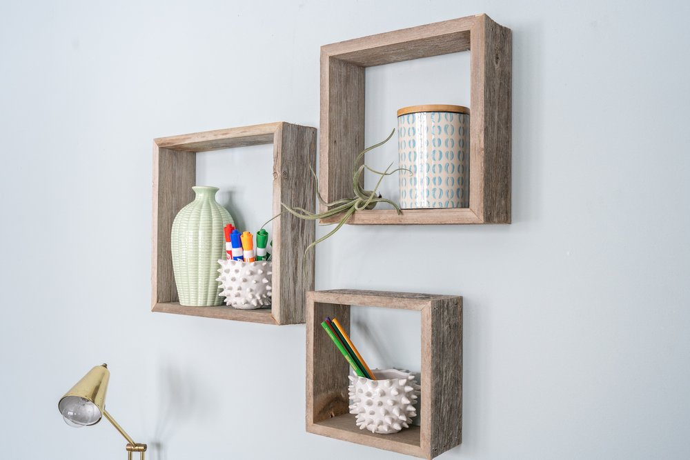 Set of Three Smoky Black Wood Square Hanging Dimensional Sculpture