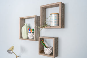 Set of Three Smoky Black Wood Square Hanging Dimensional Sculpture