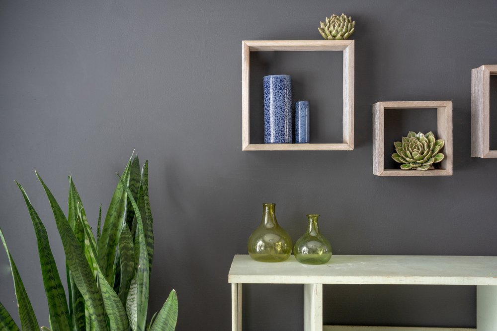 Set of Three Smoky Black Wood Square Hanging Dimensional Sculpture