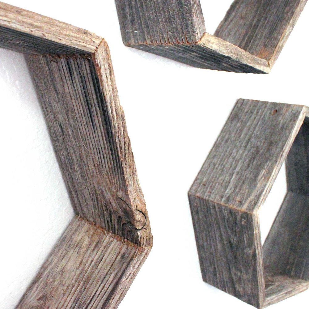 Set of Three Gray Wood Hexagon Wood Open Box Shelves