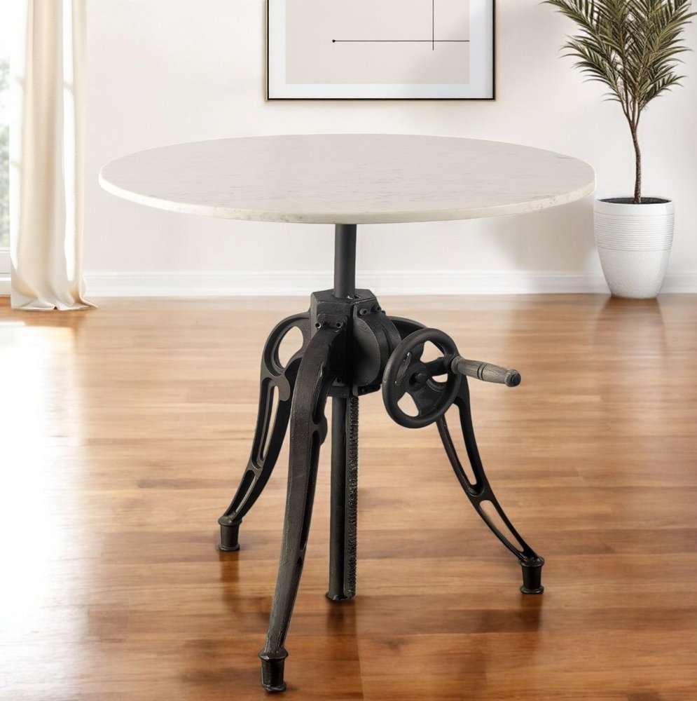 30" White And Black Rounded Marble And Metal Three Leg Base Dining Table