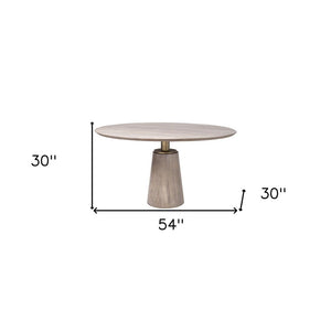 54" Light Brown And Gold Solid Wood And Iron Pedestal Base Round Top Dining Table
