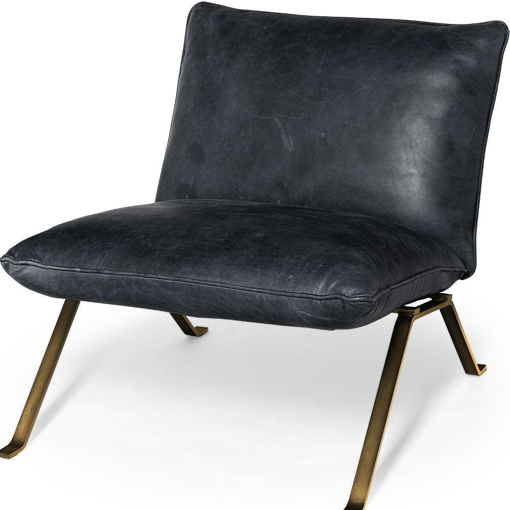 34" Black and Brass Top Grain Leather Distressed Slipper Chair