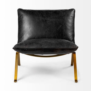 34" Black and Brass Top Grain Leather Distressed Slipper Chair