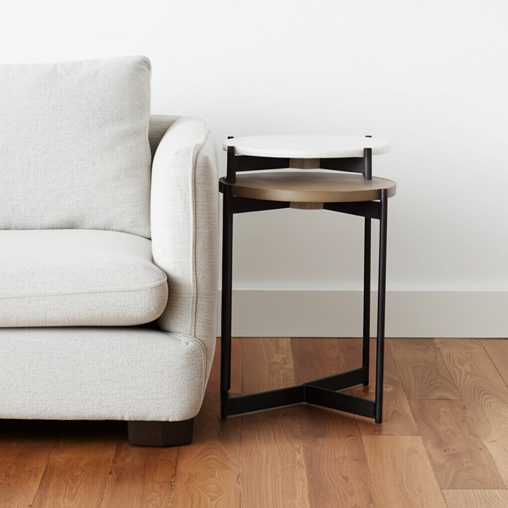 24" Brown And White Glass Round End Table