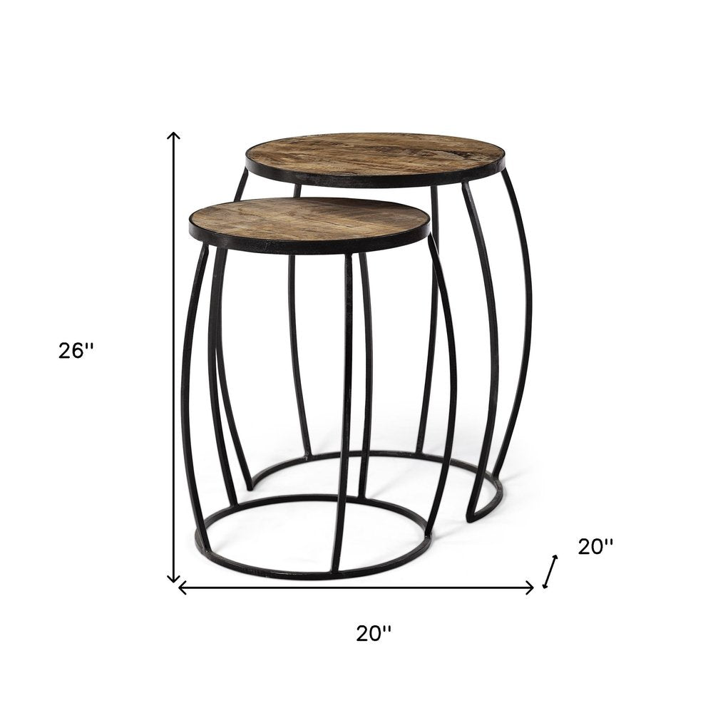 Set of Two 26" Natural And Black Solid Wood And Iron Round End Table