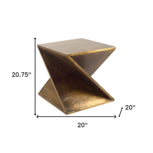 21" Brass Clad Distressed Wood Abstract End Table