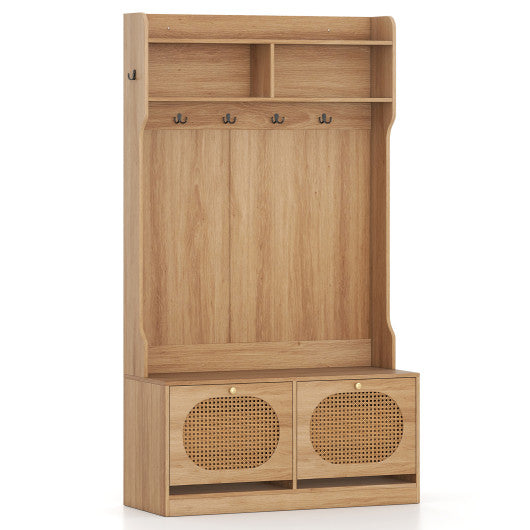 4-In-1 Hall Tree with Coat Rack and Flip Drawers for Entryway Mudroom-Natural