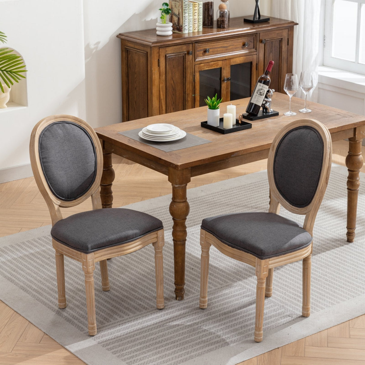 French Style Solid Wood Frame Antique Linen Dining Chair, Set of 2