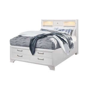 White Solid Wood Lighted Full Bed Frame With Drawers