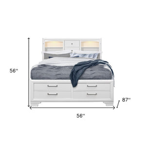 White Solid Wood Lighted Full Bed Frame With Drawers